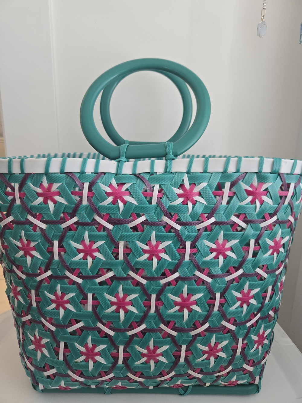 Woven Teal and Pink Women's Tote Bag With Roynd Handles